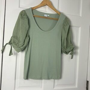 GAP Ribbed Puff Sleeve Top Green Scoop Neck Stretch Coquette Y2K Office Career S